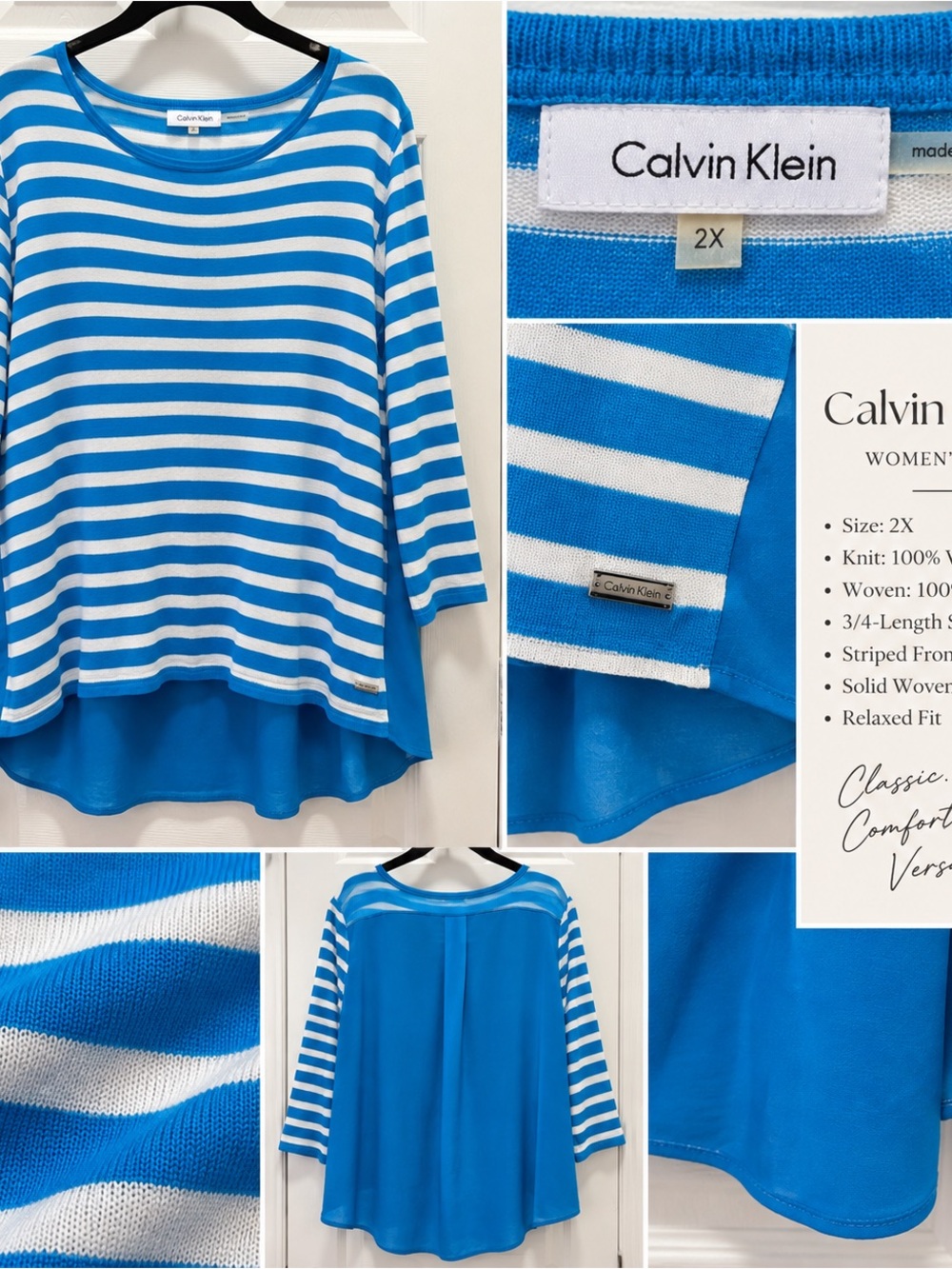 Calvin Klein 2X Blue White Striped Mixed Media Casual Top
